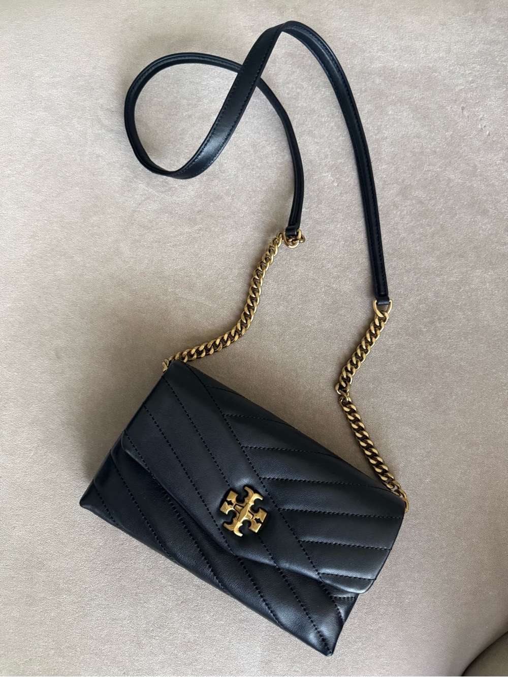 Tory Burch Black Quilted Crossbody with Gold Logo Chain